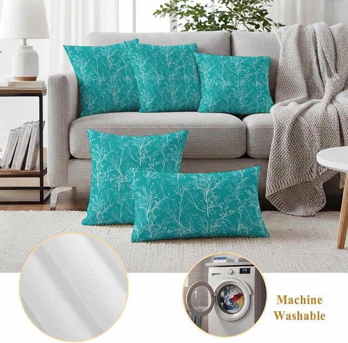 Turquoise Branches Waterproof Outdoor Pillow Covers Set of 2 Home Decor, Abstract Art Leaves Plant Lumbar Pillowcase Patio Pillow Covers for Couch Bench Patio Furniture Garden 20x20in
