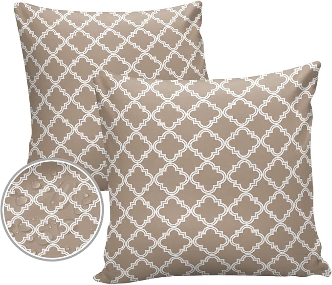 Outdoor Waterproof Pillow Covers for Patio Furniture Moroccan Pattern Decorative Throw Pillow Cover Beige Pillowcases Set of 2 Cushion Case for Sofa Couch Chair Home Decor 26x26 inch