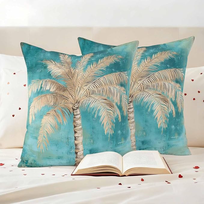 Coastal Beach Tree Outdoor Waterproof Pillow Covers, Vintage Teal Brown Decorative Square Throw Pillowcase, Tropical Palm Tree Sofa Cushion Sham for Patio/Couch/Chair, 24"x24" 2 Pack