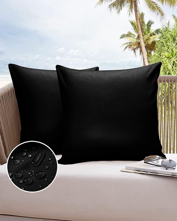 Outdoor Waterproof Pillow Covers for Patio Furniture Black Decorative Throw Pillow Cover Solid Color Pillowcases Set of 2 Cushion Case for Sofa Couch Chair Home Decor 16x16 inch x 2pcs