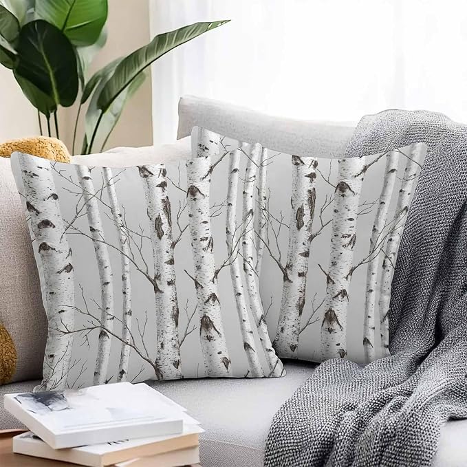Nature Birch Trees Outdoor Waterproof Pillow Covers Pack of 2, Modern Gray Modern Tree Bark Texture Forest Throw Pillowcases Decorative Cushion Covers for Garden Patio Tent Sofa Couch, 24x24 inch