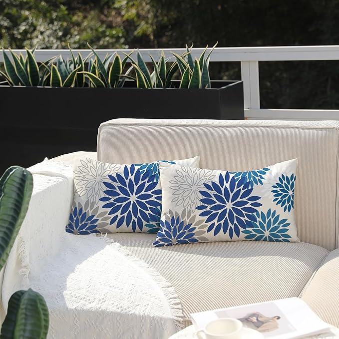DFXSZ Outdoor Waterproof Pillow Covers 12x20 Set of 2 DarkLight Blue Flower | Spring Summer Waterproof Flower Throw Pillowcases（No Inserts）Outdoor Decor for Patio Funiture Garden Polyester Covers