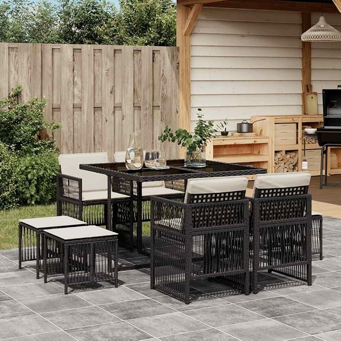9-Piece Outdoor Garden Dining Set with Black Poly Rattan Table, 4 Chairs, and 4 Stools for Patio
