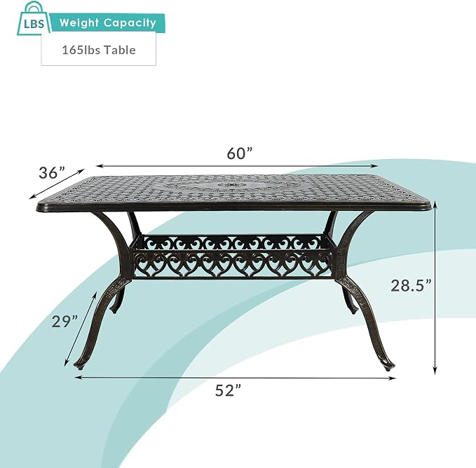 MEETWARM 60"x36" Cast Aluminum Patio Dining Table, Weather-Resistant Outdoor Dining Table for 6-8 Person, Patio Furniture Rectangular Table with Umbrella Hole and Adjustable Foot Pads, Dark Bronze