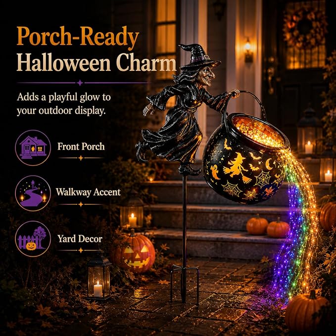 Halloween Witch Cauldron Garden Light,Colorful Flowing Waterfall LED Stake with Flying Witch Projector for Outdoor Yard Lawn Patio Pathway Decor