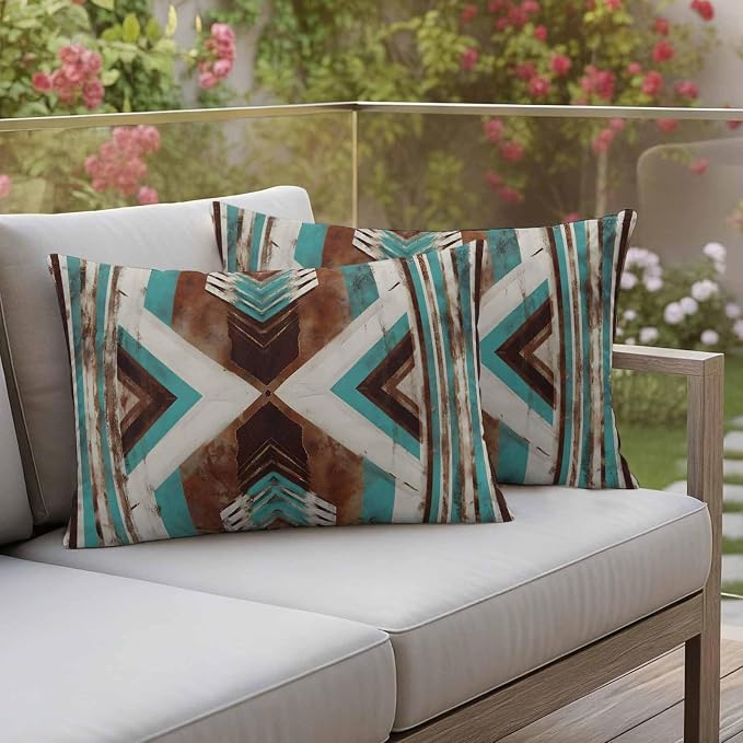 Aztec Southwestern Outdoor Pillow Covers 20"x12" Set of 2, Vintage Abstract Brown Turquoise Diamond Waterproof Throw Pillow Covers for Patio Furniture, Decorative Cushion Covers for Porch