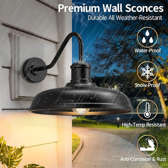 16'' Dome Large Gooseneck Barn Light Outdoor, Farmhouse Light, 2 Packs | Exterior Lighting Fixture, Industrial Outdoor Wall Sconce Outside Lantern for House, Porch, Garage, Black (No Sensor)