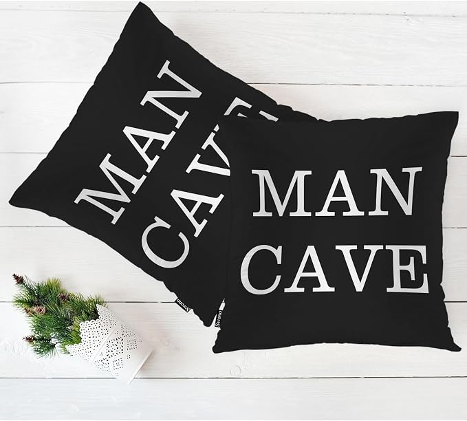 Swono Man Cave Home Decorative Throw Pillows Covers, Funny Quote Set of 2 Outdoor Pillow Case for Livingroom Bedroom, Boho Pillow Cushion Covers for Man Woman 18"X18", White Black