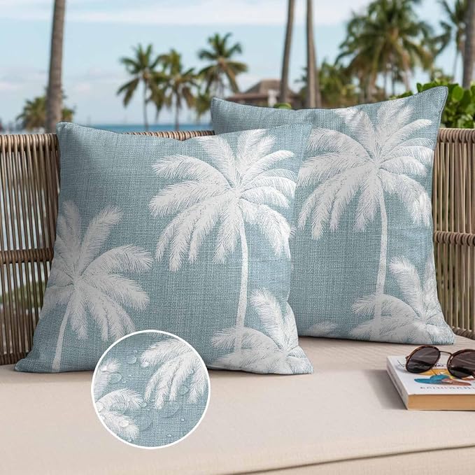 Outdoor Pillow Covers 18x18 Inch Set of 2, Grey Blue Palm Trees Waterproof Throw Pillow Covers, Farmhouse Tropical Summer Beach Decorative Cushion Pillowcases for Couch, Sofa, Bed, Garden, Patio