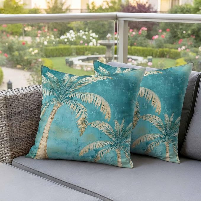 Coastal Beach Palm Tree Outdoor Waterproof Pillow Covers, Retro Teal Decorative Square Throw Pillowcase, Tropical Plant Summer Sofa Cushion Sham for Patio/Couch/Chair, 26"x26" 2 Pack