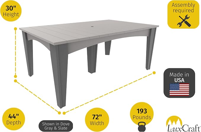 LuxCraft Poly Island Dining Table, 44" x 72" Rectangular Outdoor Patio Table, Made with Recycled Plastics, Made in USA (Black)