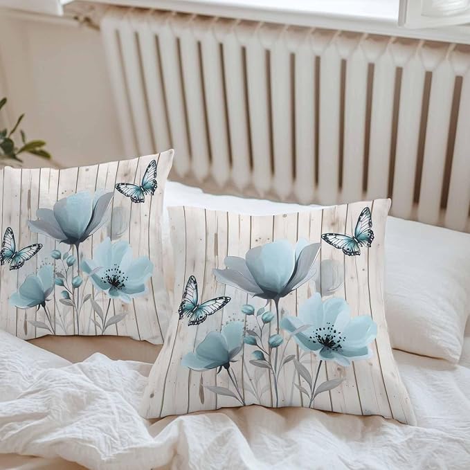 Blue Tulip Waterproof Outdoor Pillow Covers Set of 2 Home Decor, Country Spring Butterfly Floral Wooden Grain Pillowcase Patio Pillow Covers for Couch Bench Furniture Garden 24x24in