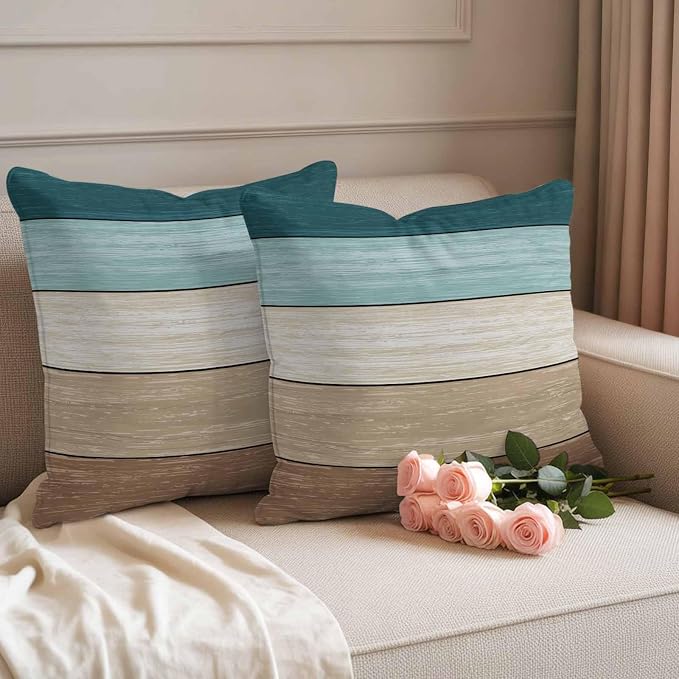 Vandarllin Outdoor Throw Pillow Covers 18X18 Set of 2 Waterproof Teal Blue Brown Decorative Zippered Cushion Covers for Patio Furniture, Farmhouse Retro Rustic Barn Wood Texture Lumbar Pillowcases