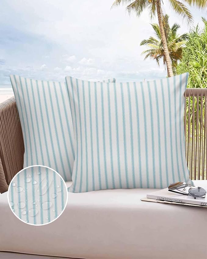 Outdoor Waterproof Throw Pillow Covers Set of 2 Teal Stripes Pillowcases 26x26 Inches Simple Style Patio Decorative Pillows Cushion Case Patio Pillows for Couch Bed Chair Garden