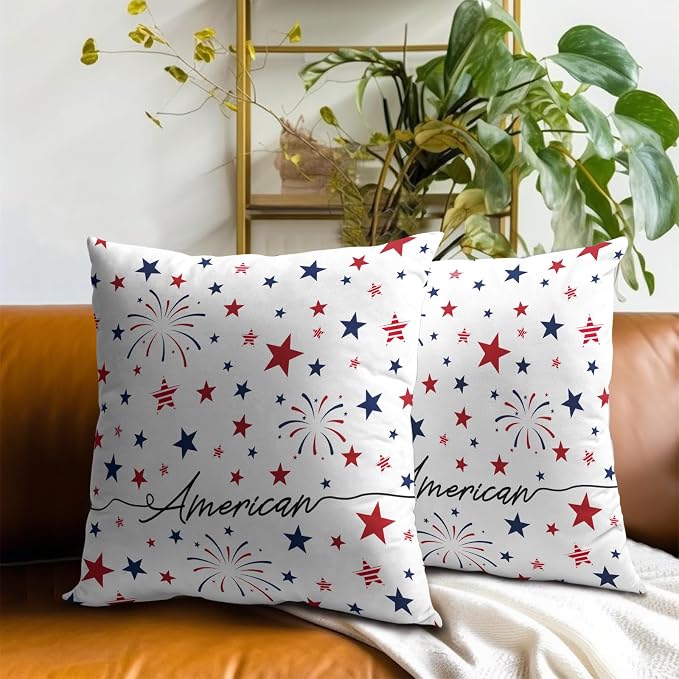 4th of July Pillow Covers 22x22 Inch Set of 2 Patriotic Red White Blue Summer Outdoor Throw Pillow Covers,Independence Memorial Day USA Flag Cushion Case for Sofa Couch Decor