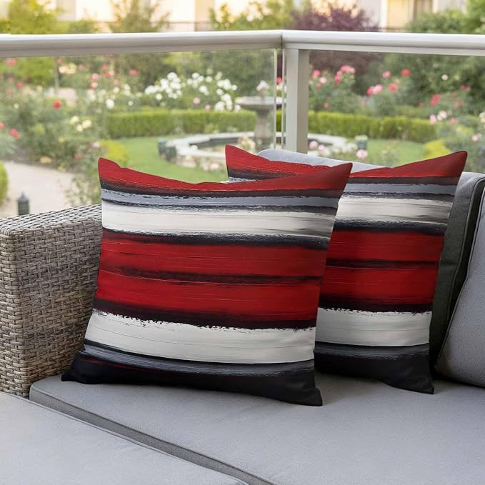 Red and Black Strip Outdoor Pillow Covers 20"x20" Set of 2, Classic Modern Art Waterproof Throw Pillow Covers for Patio Furniture, Decorative Cushion Covers for Porch