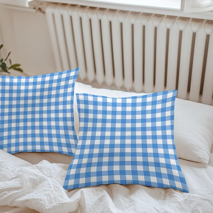 Sky Blue Checks Outdoor Pillow Covers 20"x20" Set of 2, White Gingham Plaid Abstract Modern Coastal Waterproof Throw Pillow Covers for Patio Furniture, Decorative Cushion Covers for Porch