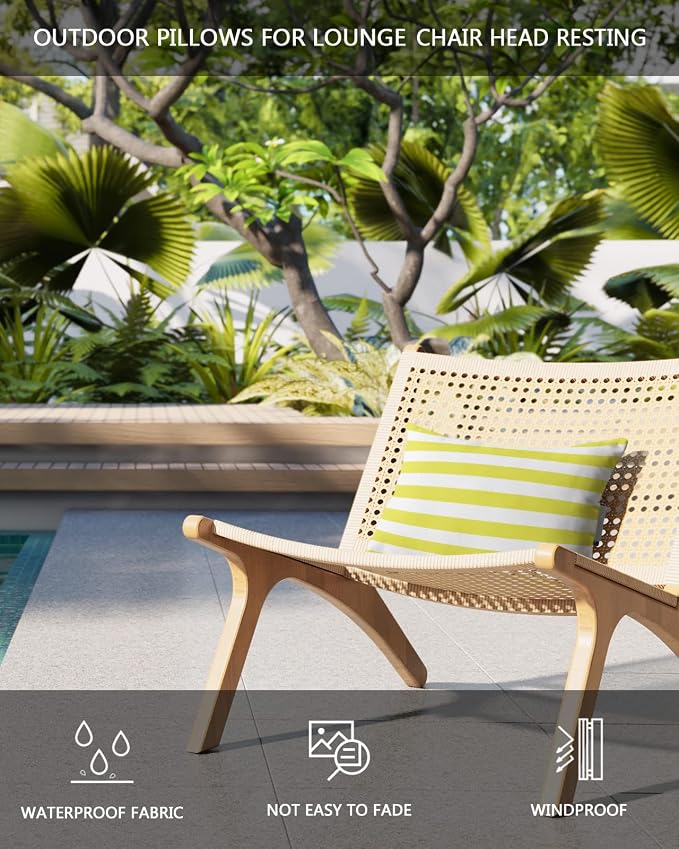 T&H XHome Outdoor Pillow for Chaise Lounge Chair, Yellow and White Stripes Waterproof Headrest Pillow Lumbar Pillows with Adjustable Elastic Strap for Beach, Poolside, Patio, Office (1 Pack)