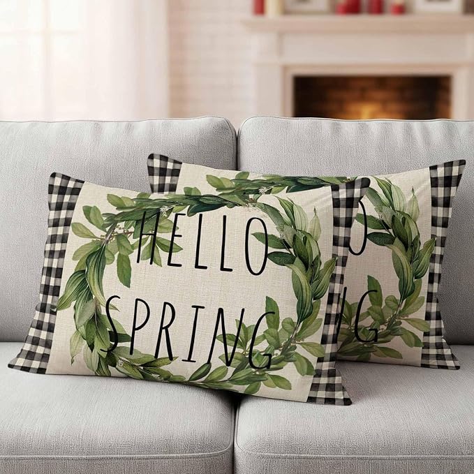 Hello Spring Outdoor Pillow Covers Pack of 2 Green Leaf Plant Black Plaid Vintage Linen Texture Waterproof Throw Pillow Covers Decorative Cushion Cases for Patio Garden Tent Balcony Couch 20x12 inch