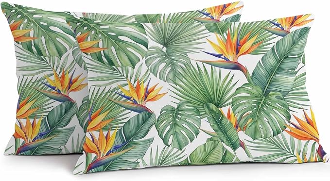 Tropical Plants Outdoor Pillow Covers 20x12 Inch Lumbar Pillow Covers Set of 2 Waterproof Decorative Throw Pillow Cases Summer Palm Leaves Monstera Green Cushion Covers for Patio Furniture Garden