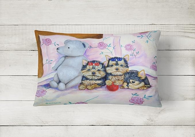 Caroline's Treasures 7192PW1216 Yorkie Puppies Three in a Row Canvas Fabric Decorative Pillow Machine Washable, Indoor Outdoor Decorative Pillow for Couch, Bed or Patio, 12HX16W