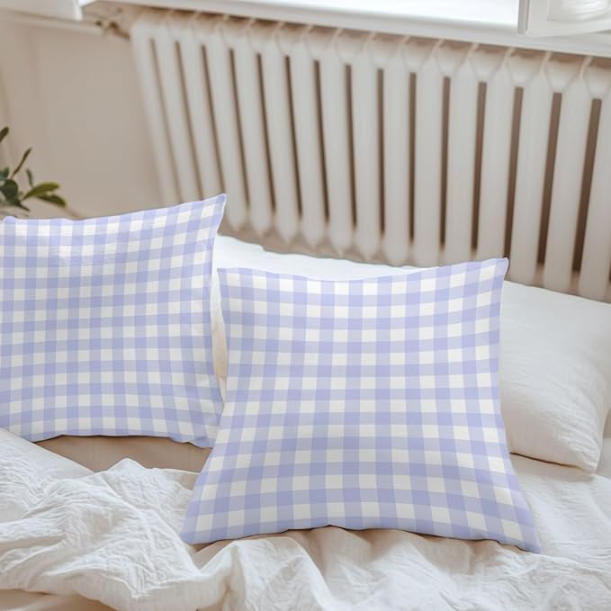 Light Purple Checks Outdoor Pillow Covers 18"x18" Set of 2, Gingham Plaid Abstract Modern Minimalist Waterproof Throw Pillow Covers for Patio Furniture, Decorative Cushion Covers for Porch