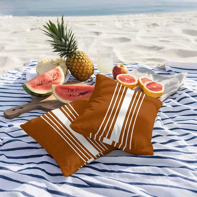 Burnt Orange White Stripe Outdoor Pillow Covers 18x18 Inch Throw Pillow Covers Set of 2 Waterproof Decorative Pillow Cases Modern Rustic Vertical Striped Cushion Covers for Patio Furniture Garden