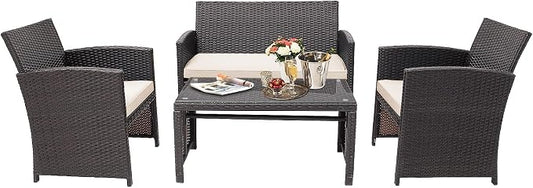 HAPPYGRILL Set of 4 Rattan Conversation Set Outdoor Wicker Furniture Set with Tempered Glass Coffee Table, Soft Cushions, Weather-Resistant Rattan Chair Set for Garden Backyard Poolside