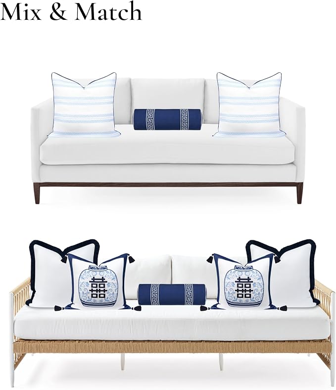 Hofdeco Premium Coastal Hampton Patio Indoor Outdoor Bolster Pillow Cover Only, 8"x24" Water Repellent for Backyard, Couch, Poolside, Navy Blue Embroidered Greek Key