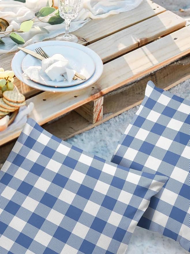 Outdoor Waterproof Throw Pillow Covers Set of 2 Buffalo Plaid Blue Check Pillowcases 24x24 Inches Farmhouse Style Patio Decorative Pillows Cushion Case Patio Pillows for Couch Bed Chair Garden