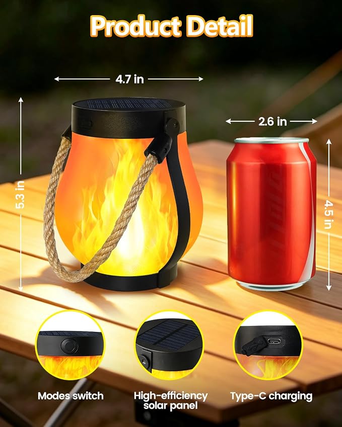 2 Pack Solar Lanterns Outdoor Waterproof, Solar Flame Lanterns with 2 Modes | Ultra-Real Flame, USB/Solar Charging, IP65 Waterproof, Hanging/Table Solar Lights Outdoor for Tree Garden Porch Yard Patio