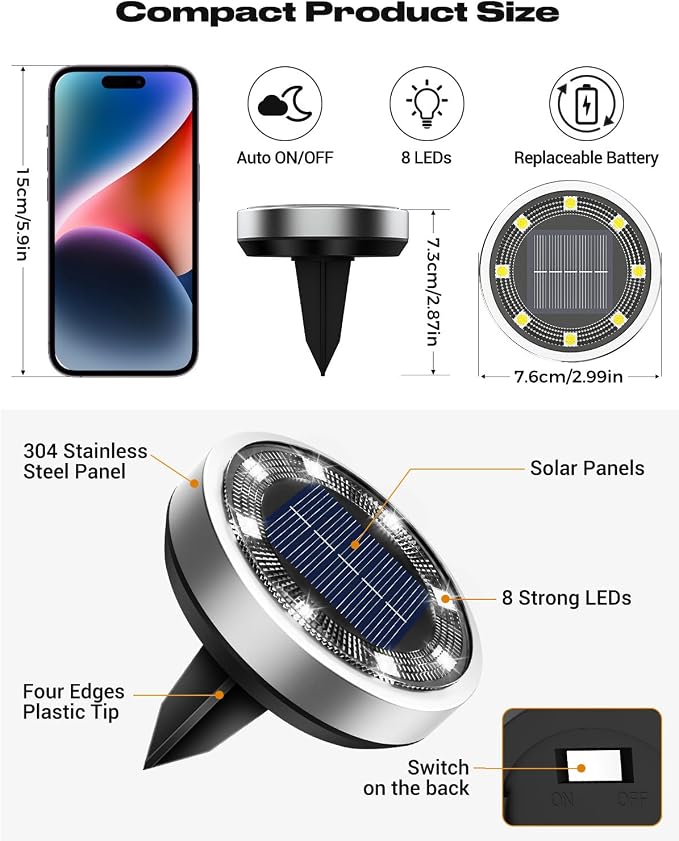 btfarm 12 Pack Solar Lights Outdoor, 8 LED Solar Ground Lights IP65 Waterproof Flat Solar Disc Light, Pathway Lights for Garden Lawn Patio Yard Path Landscape, Cool White