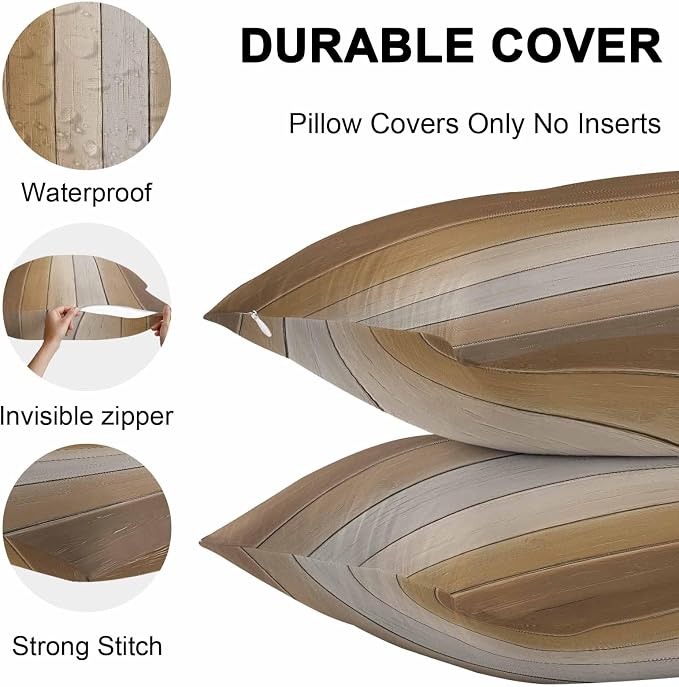 Throw Pillow Covers 26x26 Inch Set of 2, Brown Ombre Waterproof Outdoor Cushion Covers, Vintage Country Wooden Decorative Pillowcases for Couch, Sofa, Bed, Garden, Patio