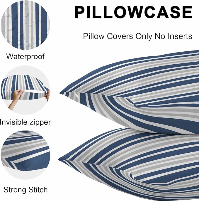 Navy Blue Grey Stripe Outdoor Pillow Covers 26x26 Inch Throw Pillow Covers Set of 2 Waterproof Decorative Pillow Cases Farmhouse Minimalist Striped Cushion Covers for Patio Furniture Garden Couch Sofa