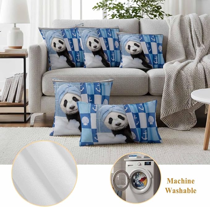 Bathing Panda Waterproof Outdoor Pillow Covers Set of 2 Home Decor, Funny Animal Showering Pillowcase Patio Pillow Covers for Couch Bench Patio Furniture Garden 26x26in