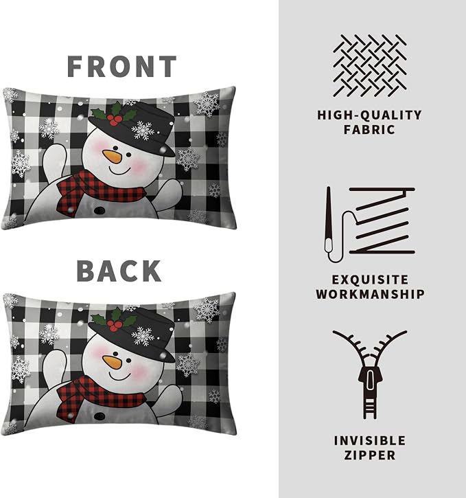 Christmas Santa Lumbar Pillow Covers 12x20 Set of 2 Snowman and Xmas Santa Rectangle Cushion Case Christmas Black Buffalo Plaid Waist Throw Pillowcases for Living Room Bedroom Sofa