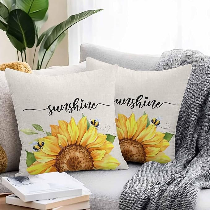 Vintage Yellow Sunflower Bee Outdoor Throw Pillow Covers Set of 2,Decorative Waterproof Pillowcase, Rustic Botanical on Linen Cushion Case for Patio Garden Couch Sofa Tent Bed 20x20 Inches