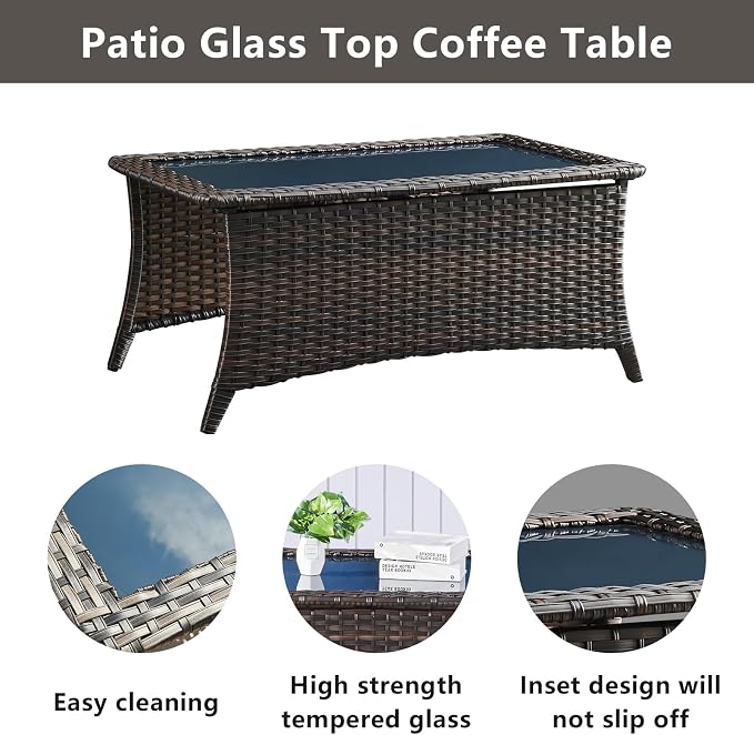 Belord Outdoor Coffee Table with Tempered Glass Top, Patio Rectangular Brown Wicker, Handwoven Rattan Coffee Table Compatible with Patio Furniture Sets for Porch Deck Backyard