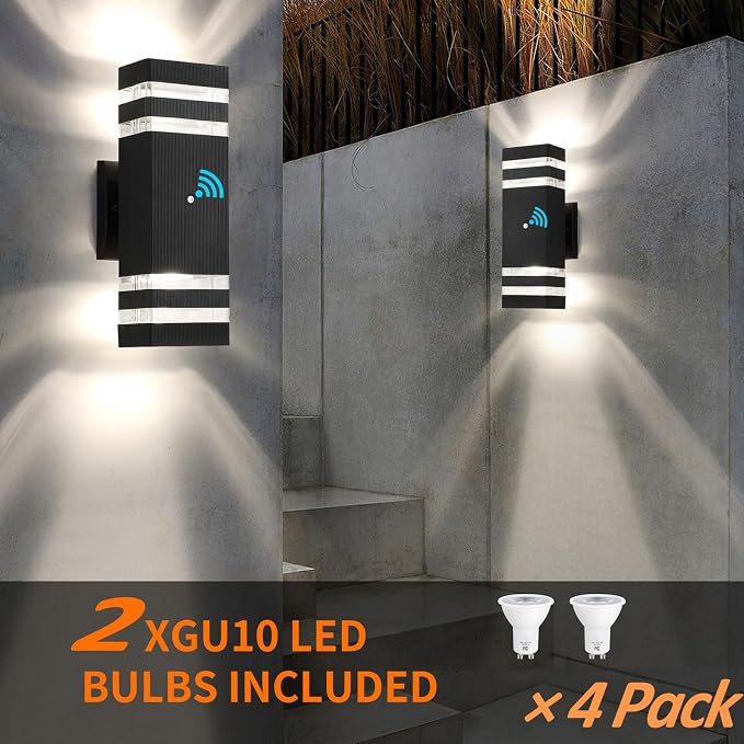4 Pack Dusk to Dawn Outdoor Wall Lights Modern Exterior Light Fixture, 2-Layer Black Outside Lights for House, IP65 Waterproof Up and Down Outdoor Sconces Wall Lighting for Garage Porch, 3000K