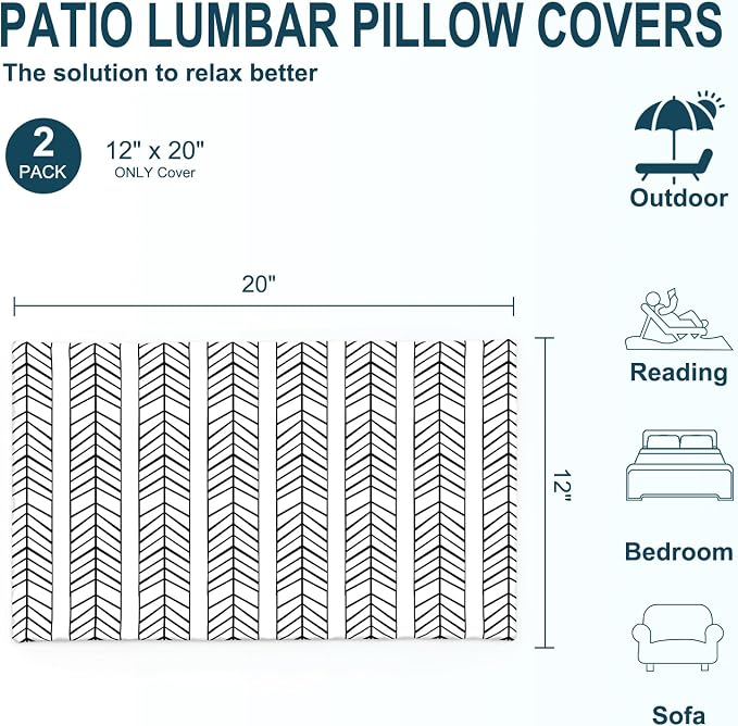DYTXIII Pack of 2 Outdoor Waterproof Lumbar Pillow Covers ONLY, 12x20 Rectangle Decorative Double Printed Pillow Cases for Patio Couch Porch Furniture - Herringbone Black White