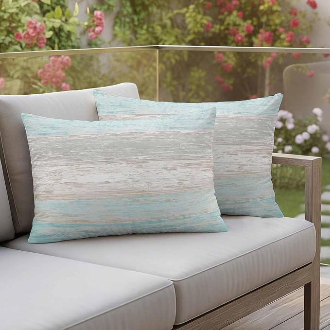Outdoor Waterproof Throw Pillow Covers, Vintage Teal Grey Decorative Pillow Cases, Farmhouse Barn Wooden Striped Couch Pillow Protector Patio Sofa Cushion Covers Replacement 20"x12" 2 Pack