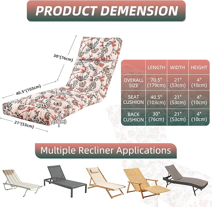 Patio Chaise Lounge Cushions, 70.5"x21"x4" Waterproof Replacement Beach Pool Lawn Outdoor Lounge Chair Cushion, Non-Slip Bottom & Secure Ties for Outdoor Furniture，Flower Red, 1Count