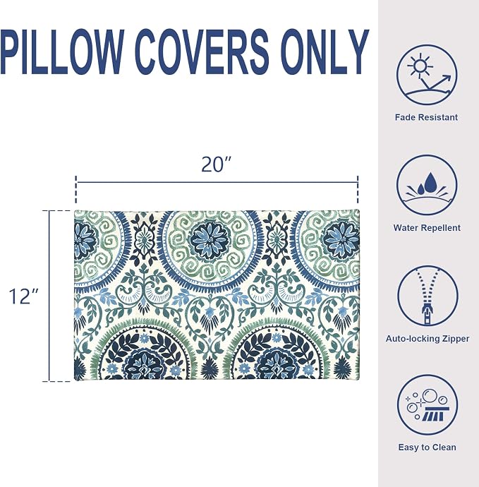 12x20 Inch Outdoor Lumbar Pillow Covers Pack of 2, All Weather Cushion Pillow Cases, Pillowcase for Patio Couch Decoration, Celadon Wreath