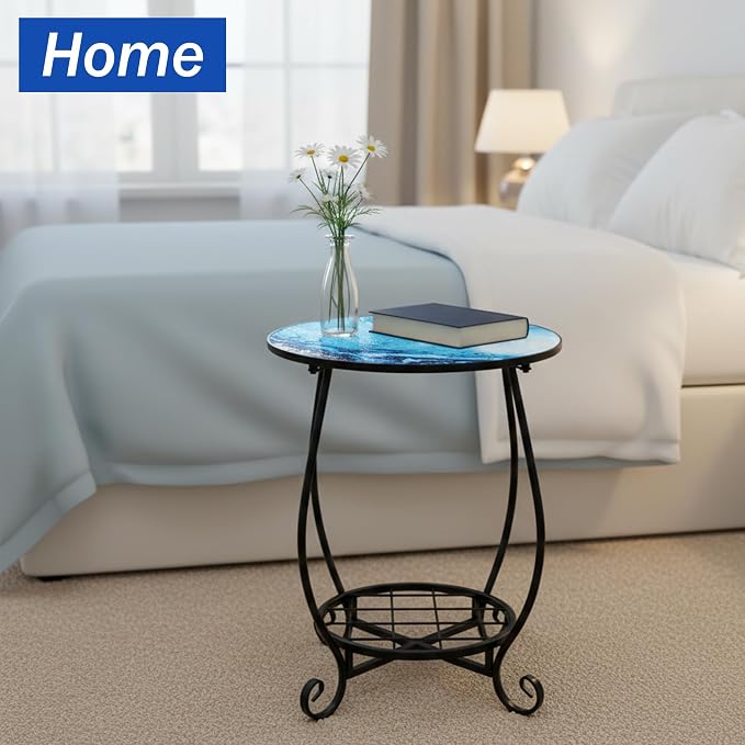 Outdoor Side Table - Double Layer Round Small Marble Pattern Patio Accent, 14 Inch Tea Coffee Metal Outside End Table for Porch Balcony Yard Patio Garden Indoor Bedroom Living Room Decor