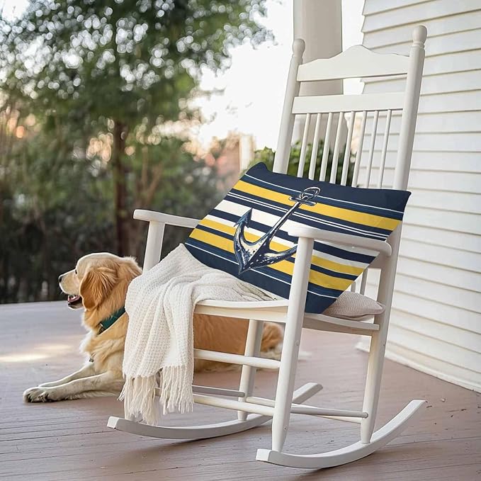 Vintage Anchor Outdoor Waterproof Pillow Covers Set of 2, Yellow Blue Striped Pillowcase Decorative Throw Cushion Cases for Patio Garden Couch 20 x 12 Inches