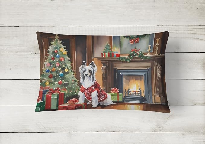 Caroline's Treasures DAC2631PW1216 Chinese Crested Cozy Christmas Throw Pillow Machine Washable, Indoor Outdoor Decorative Pillow for Couch, Bed or Patio, 12HX16W