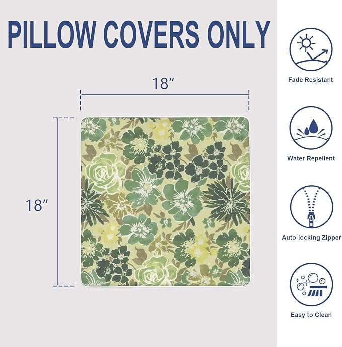 Outdoor Throw Pillow Covers Pack of 2, Decorative Water Repellent Square Pillow Cases with Piping 18x18 Inch, Green Rose