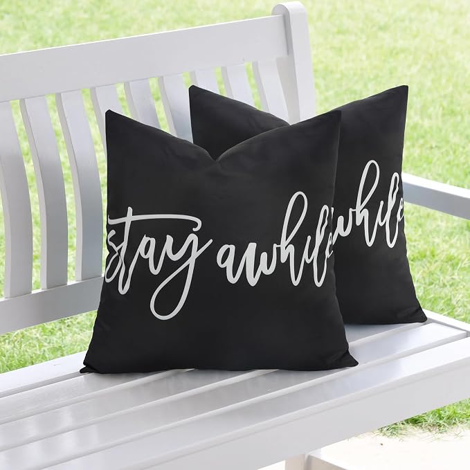Adabana Outdoor Waterproof Stay awhile Pillow Covers Set of 2 18x18 Inch | Home Decorative Outdoor Pillows Cover for Patio Garden Porch Farmhouse