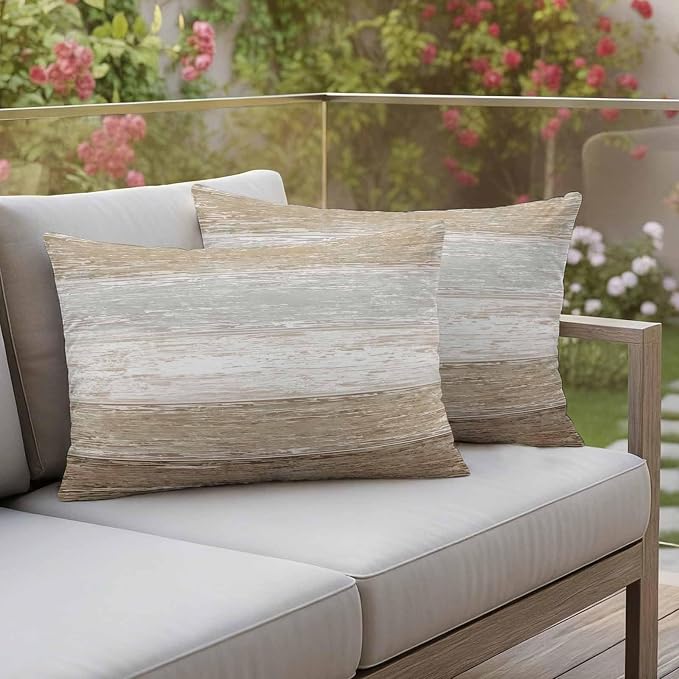 Outdoor Waterproof Throw Pillow Covers, Vintage Brown Grey Decorative Pillow Cases, Farmhouse Barn Wooden Striped Couch Pillow Protector Patio Sofa Cushion Covers Replacement 20"x12" 2 Pack
