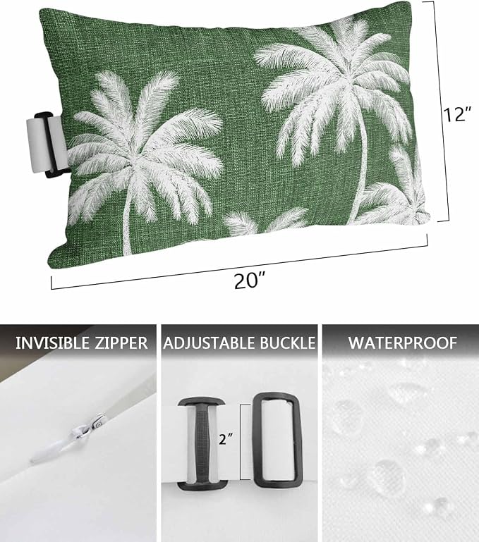 Pack of 4 Outdoor Lumbar Pillow Covers 12x20 Inch, Dark Green Palm Trees Waterproof Throw Pillow Covers Set, Farmhouse Tropical Summer Beach Indoor&Outdoor Decorative Cushion Cases for Patio Porch Car
